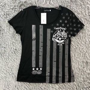 Fancy Qube Tshirt Womens Large Archaic Motor Club American Flag Raw Edges NWT